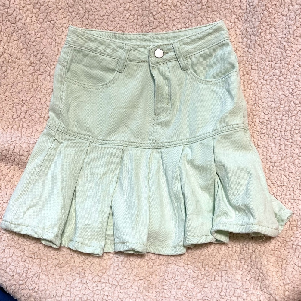 Light Green High Rise Denim Mini A Line Skirt